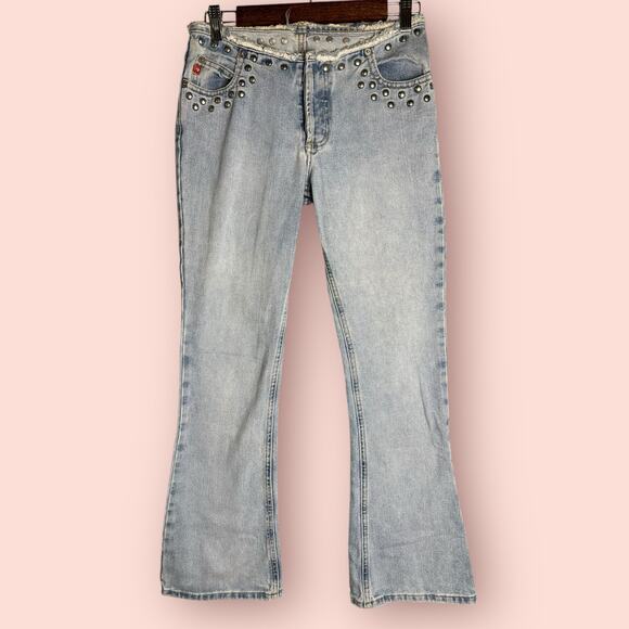 Y2K ultra low Rise Jeans Flare Wide Leg Light Studded button fly mudd size 0 25 - Picture 1 of 4